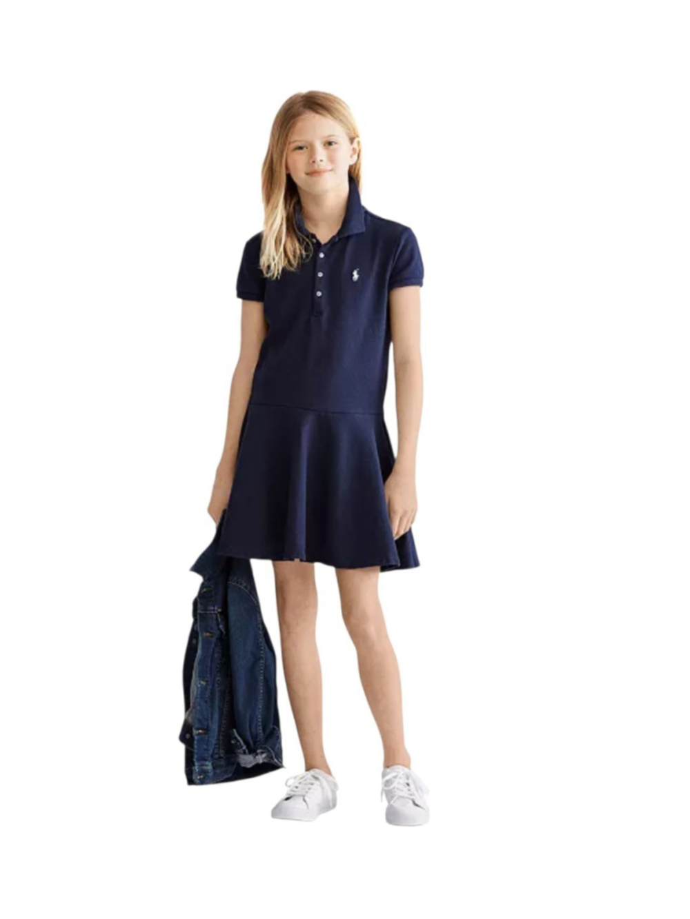 Polo Ralph Lauren Girls Navy Cotton Collared Flare Dress Size Small (7) Pre-own